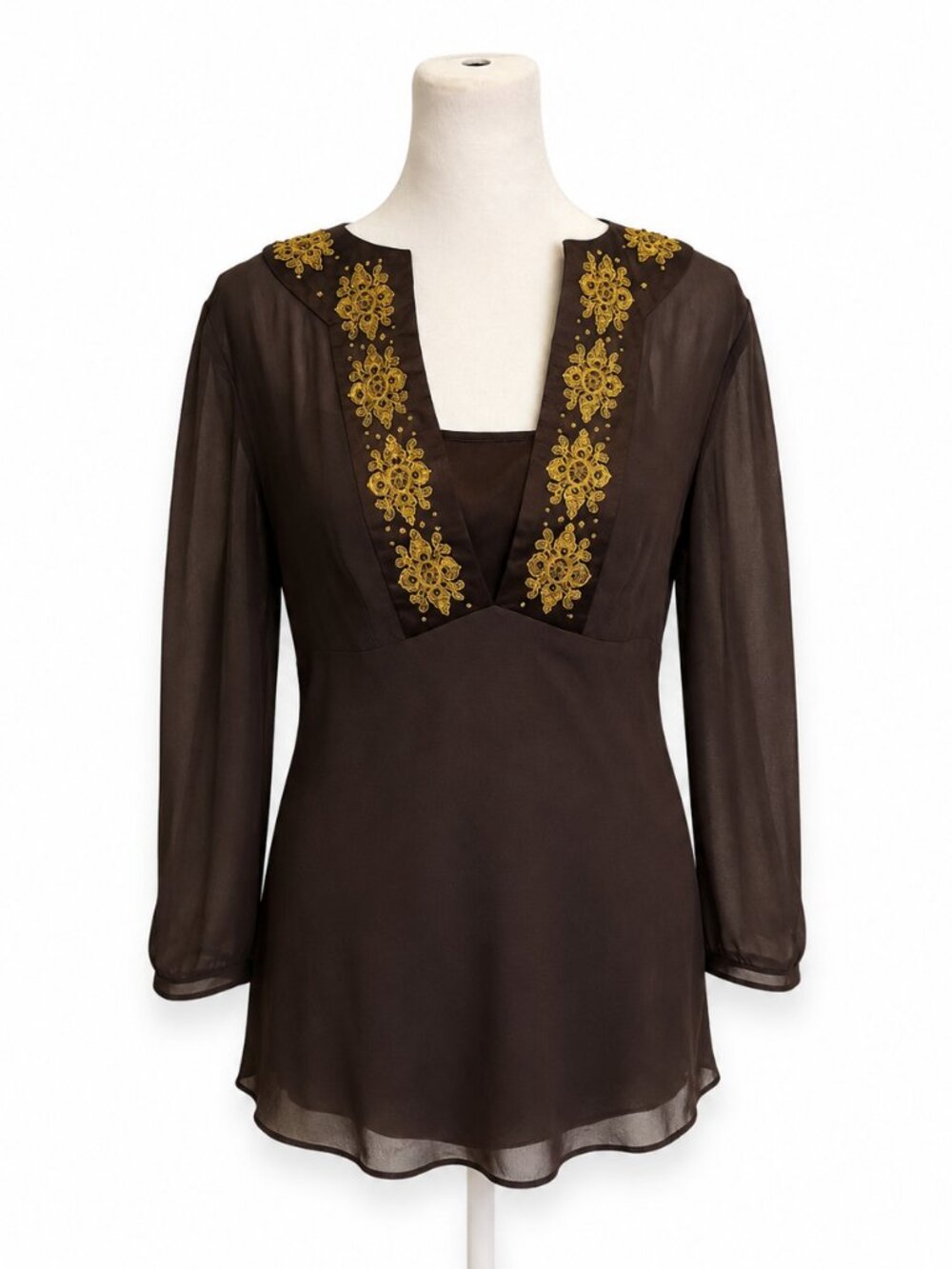 Harold’s 100% Silk Brown Gold Embroidered Tunic Blouse | Women's Size Small